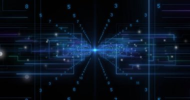 Siyah arkaplanda ikili kodlama ile tarama ve veri işleme dürbünü resmi. küresel veri işleme, dijital arayüz ve dijital olarak oluşturulmuş görüntü hesaplama kavramı.