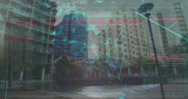 Şehir manzarası üzerindeki bağlantı ağının resmi. dijital güvenlik ve kimlik, dijital arayüz ve veri işleme kavramı dijital olarak oluşturuldu.