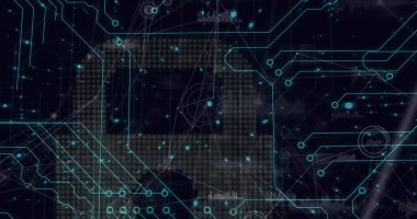 Siyah zemin üzerindeki entegre devre üzerinde veri işleme ve dijital asma kilit görüntüsü. küresel internet güvenliği, veri güvenliği ve dijital arayüz konsepti dijital olarak oluşturulmuş görüntü.