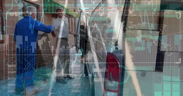 Kafkasyalı depo çalışanı ve kurye üzerinden finansal veriler. iş, finans ve dağıtım hizmetleri kavramı dijital olarak oluşturulmuş görüntü.