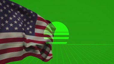 Sol yarıda Amerikan bayrağı dalgalanıyor, bağlantı noktasını kapatan yeşil halka arızalı, şebeke zeminini genişletiyor. Vatansever, dijital, teknoloji, soyutlama, animasyon, grafikler, modern