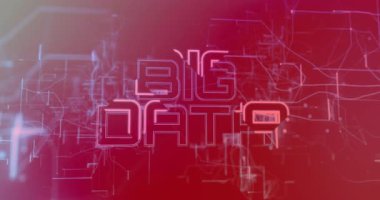 Büyük veriler fütüristik arayüzde görselleştiriliyor, neon 3D harfleri ve parlayan devreleri gösteriyor. Teknoloji, yenilik, siber alan, dijital alarm, ağ, görselleştirme, gelecekçi