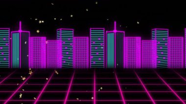 3D neon kablo çerçeveli gökdelenler geçmişe dönük gelecek ızgaraları birleşiyor, yıldız konfetileri sürükleniyor. Fütürist, siber punk, dijital, neon, geometrik, enerjik, soyut