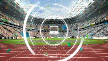 Merkezi dijital arayüz, koşu pistinde yüzen canlı stadyum analizlerini gösteriyor. Stadyum, kalabalık, analitik, arayüz, spor, teknoloji, açık hava