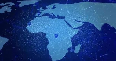 Noktalı veri akışlarıyla akan dijital dünya haritası, parlayan ağ çizgileri, düz dizayndaki iğne simgeleri. Çevik, bağlantı, yenilik, teknoloji, arayüz, küreselleşme, ağ