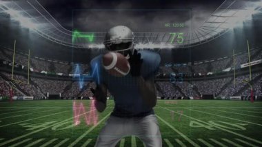 Spor analitiği, biyometrik ölçümler ve dalga formu grafiklerini gösteren 40 yarda çizgisinde mücadele eden iki oyuncu. Atletizm, rekabet, performans, görselleştirme, stadyum, biyomekanik, yoğunluk