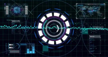 Merkezi holografik arayüz ızgara üzerinde parlıyor, halkalar, çubuklar, dalga formları, ekipmanlar sergileniyor. Gelecekçi, ui, dijital, şematik, teknoloji, görselleştirme, veri