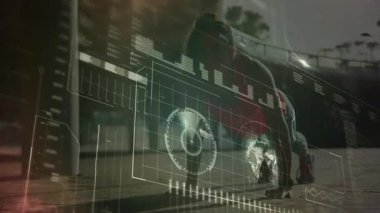 Tahta güvertede diz çökmüş, VR kulaklık takan bir kadın teknoloji HUD şebekeleri ve çizelgeleriyle uğraşıyor. Fütürist, sürükleyici, teknoloji, yenilik, açık hava, etkileşim, sanal