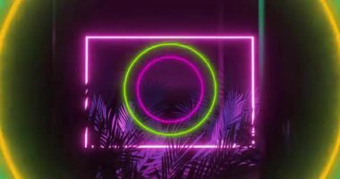 Sahne merkezinde yüzen neon parlayan çember, pembe çerçeve, yeşil parıltı, palmiye siluetleri. Geometrik, canlı, fütüristik, dijital, soyut, neon, minimal
