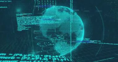 3 boyutlu holografik küre siber uzayda dönüyor ve şebeke zemininde kod akışları akıyor. Teknoloji, veri görselleştirme, gelecek, dijital ortam, yenilik, sanal gerçeklik, siber ağ