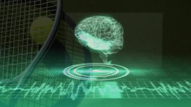 Sanal beyin, dairesel arayüzün üstünde tenis raketi eğikliği ve veri ızgarası içeren animasyon yapıyor. Futuristik, teknoloji, yenilik, dijital, arayüz, sinirsel, görselleştirme