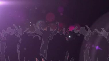Sahne ışıkları ve lens ışıkları altında dans eden siluetli kalabalık düz dizayn gece kulübü sahnesini yansıtıyor. Konser, gece hayatı, enerji, kutlama, atmosfer, canlı, eğlence