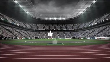 Sahanın etrafındaki kırmızı pisti gösteren açık hava stadyumu projektörlerin altında yüzen başparmaklar ikonlarıyla. Seyirciler, spor, arena, kalabalık, rekabet, etkinlik, canlılık