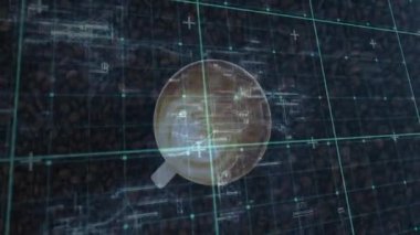 Neon yeşil ızgara hatları ve kavrulmuş fasulyelerin üzerinde şematik örtüler bulunan tepeden aşağı beyaz kahve fincanı. Minimalist, gelecekçi, teknolojik, dijital, soyut, yenilikçi, modern