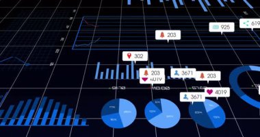 Merkez mavi çerçeve çizelgesi 3D gösterge panelinde kırmızı ve mavi trendleri yüzen aramaları gösteriyor. Analizler, veri görselleştirme, gösterge paneli, dijital, yenilik, teknoloji, istatistik