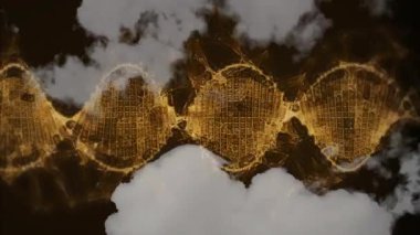 Parlayan altın ağ, karanlık boşlukta dalgalanır, beyaz buhar bulutları arasında sürüklenir. Soyut, fütüristik, neon, siber, dijital, yenilikçi, sürükleyici