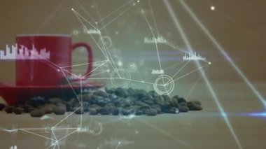Eşleşen tabakta kırmızı seramik bardak, kahve çekirdekleri dökülüyor, dijital düğümler yüzüyor. Teknoloji, modern, minimalist, yenilik, veri görselleştirme, analitik, çalışma alanı