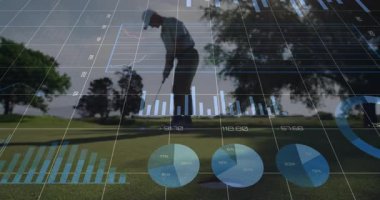 Erkek golfçü topu yeşil çizgiye koyuyor, çizelge çizelgeleri çubuk grafikleri teknoloji için üstüste biniyor. Atletik, profesyonel, modern, spor, açık hava, analitik, stratejik