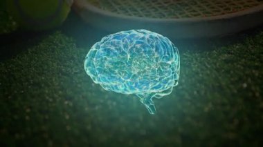 Holografik dijital 3D beyin çimen kortunun üzerinde yüzüyor, içinde gülen tenis topu ve raket var. Futuristik, teknoloji, yenilik, spor, dijital, canlı, enerjik