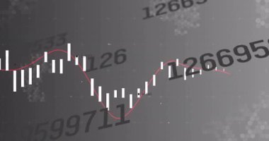 Finansal tabloda beyaz şamdanlar, kırmızı trend çizgileri, sayılar, uğursuzluk kümeleri görülüyor. Analizler, ticaret, teknoloji, veri, yatırım, finans, dijital