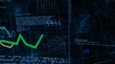 Neon yeşil zigzag çizgisi ızgara boyunca verileri takip ediyor ve parlayan kod üç boyutlu görüntüler oluşturuyor. Fütürist, dijital, analitik, teknoloji, arayüz, görselleştirme, modern