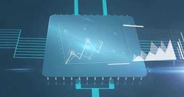 Merkez panelde parlayan konnektörlerle düz tasarımda yükselen çok tepeli veri grafiği gösteriliyor. Futuristik, dijital, arayüz, veri, teknoloji, görselleştirme, neon