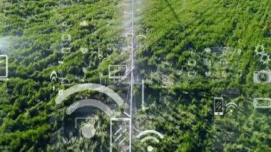 Ortadaki pivot sulama boru hattı yemyeşil ekin alanı üzerinde dönüyor, yüzen veri simgeleri gösteriliyor. Tarım, kesinlik, teknoloji, sürdürülebilirlik, dron, yenilik, izleme