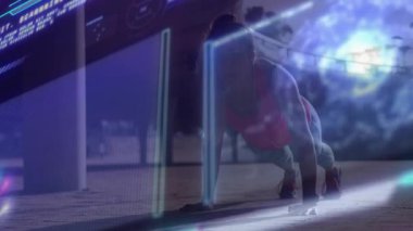 Kadın sporcu geceleri açık havada şınav çekiyor. Form verileri ve neon grafikler gösteriyor. Sporcu, fitness, teknoloji, futuristik, eğitim, yenilik, performans