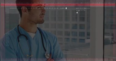 Klinikte kırmızı hex damlası ve ağ tarama grafikleriyle dikilen önlük giyen erkek doktor. Tıbbi, sağlık, dijital, teknoloji, profesyonel, modern, tanı