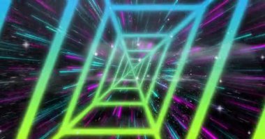 Neon çerçeveler 3 boyutlu kozmik tünelden içeri doğru hareket ediyor, çok renkli ışık dışarı doğru yayılıyor. Fütürist, soyut, enerjik, kozmik, dijital, dinamik, dalgın