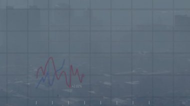 Finansal trendler ufuk çizgisine yayılıyor, düz tasarım ızgarasında kırmızı ve mavi çizgi grafikleri gösteriliyor. Veri görselleştirme, iş analizleri, modern mimari, kentsel çevre, şirket, teknoloji, mali veriler