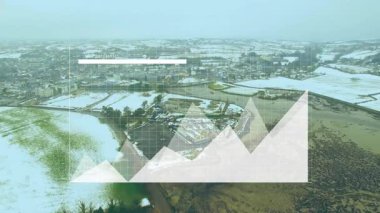 Kırsal karlı manzara hava görünümünde gösteriliyor. Koordinat alan grafiği üzerinde ızgara örtüşüyor. Topografi, haritacılık, coğrafya, arazi, kırsal, kış, manzara