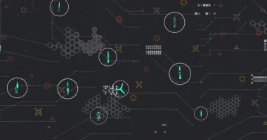 Fütürist UI, devre çizgileriyle birbirine bağlı parlayan yeşil enerji ikonları ağını gösteriyor. Teknoloji, yenilik, sürdürülebilirlik, dijital, arayüz, veri, bağlantı