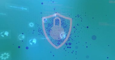 Üç boyutlu düğümler ve UI simgeleri gösterilerek, gök mavisi yeşili gradyan üzerinde dönen soyut ağ illüstrasyonu. Fütürist, dijital, yenilikçi, teknoloji, bağlantı, veri görselleştirme, siber