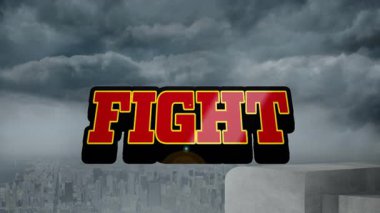 Yüzen cesur 3D yorumlama metni Dövüş sisli fırtınalı şehir siluetinin üzerinde çatı kenarından süzülüyor. Kentsel, sinematik, dramatik, distopyan, karamsar, şehir manzarası, cesur