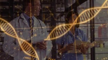 Tıbbi uzmanlar hasta belgelerini içeriden inceliyor. Canlandırılmış DNA sarmalı ve veri şebekesi var. Sağlık, yenilik, bilimsel, biyoteknoloji, araştırma, teknoloji, işbirliği