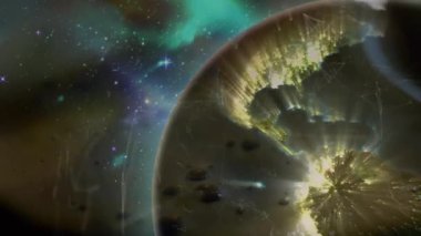 Gezegen benzeri küre, parlayan ağ şebekesini, çatlayan yüzeyi, yıldızları ve nebulayı gösteriyor. Fütürist, tekno, kozmik, soyut, enerjik, bilim kurgu, göksel