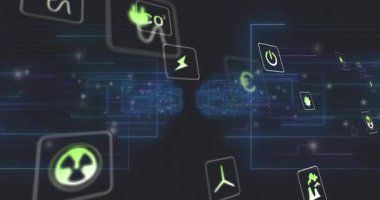 Enerji ve emisyon simgeleri dijital ağdaki holografik panellerde neon ışıltısıyla canlandırılıyor. Gelecek, teknoloji, yenilik, dijital, siber, arayüz, sürdürülebilirlik