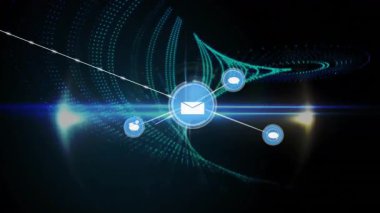 Merkezde parlayan e-posta düğümünü gösteren ağ, düz tasarımda kullanıcı ve kamera simgelerine bağlanıyor. Teknoloji, bağlantı, görselleştirme, siber güvenlik, veri, dijital, iletişim