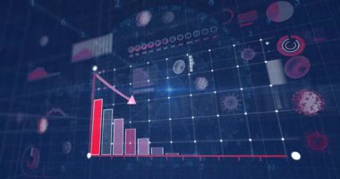 Koyu mavi ızgara üzerinde yüzen veri çubuğu çizelgesi, virüs simgelerindeki azalan eğilimi gösteriyor. Gelecekçi, analitik, dijital, teknoloji, matris, yenilik, görselleştirme