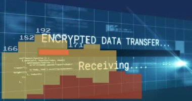 Düz tasarımda şifrelenmiş veri transferi çubuklarını ve kod parçalarını gösteren animasyon paneli. Teknoloji, siber güvenlik, veri, analitik, dijital, yenilik, bilgi