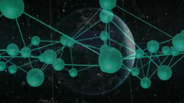 Dünyanın üzerinde yüzen saydam yeşil ağ düğümleri, dijital ızgara boyunca düğümleri birbirine bağlayan çizgiler. Gelecek, teknoloji, bağlantı, yenilik, sanal, dijital, bilim kurgu