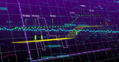 Gösterge panelinde mor histogram, deniz mavisi saçılma noktaları, şamdanlar ve sayısal etiketler var. Finans, analitik, teknoloji, istatistik, yatırım, veri, grafik