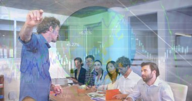 Statistical data processing over a globe against caucasian man giving a presentation at office. business technology concept