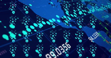 Dünya haritası üzerinde veri işleme resmi. küresel iş ve dijital arayüz kavramı dijital olarak oluşturulmuş görüntü.