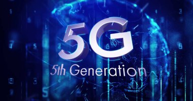 Mavi zemin üzerinde dönen dünya ve dijital dalgalara karşı 5g metin ve birden fazla sayı yüzüyor. küresel ağ ve teknoloji kavramı