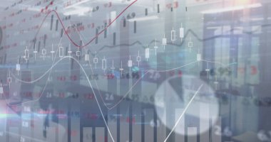 Boş ofis üzerinden finansal veri işleme resmi. küresel finansman, bilgisayar ve dijital arayüz kavramı dijital olarak oluşturulmuş görüntü.