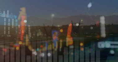 Şehir manzarası üzerinde finansal veri işleme resmi. küresel finansman, bilgisayar ve dijital arayüz kavramı dijital olarak oluşturulmuş görüntü.