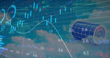 Güneş paneli üzerinden finansal veri işleme görüntüsü. küresel iş, finans ve dijital arayüz kavramı dijital olarak oluşturulmuş görüntü.