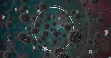 Covid-19 hücreleri ve yeşil arka planda dönen DNA yapısı üzerinde birden fazla değişen sayılar. tıbbi araştırma ve bilim teknolojisi kavramı